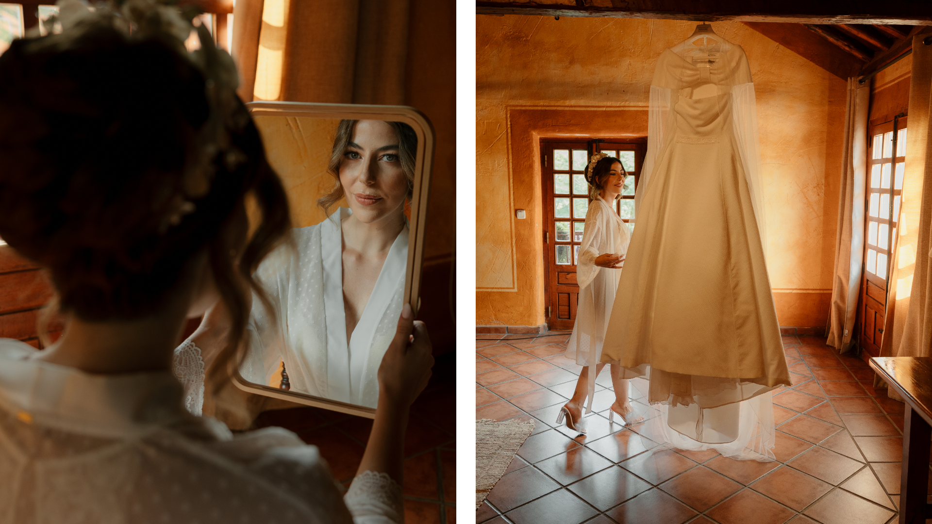 Fotografía de la novia Sandra ajustándose el vestido antes de su boda en un entorno industrial, capturada por fotógrafo de bodas en Valladolid