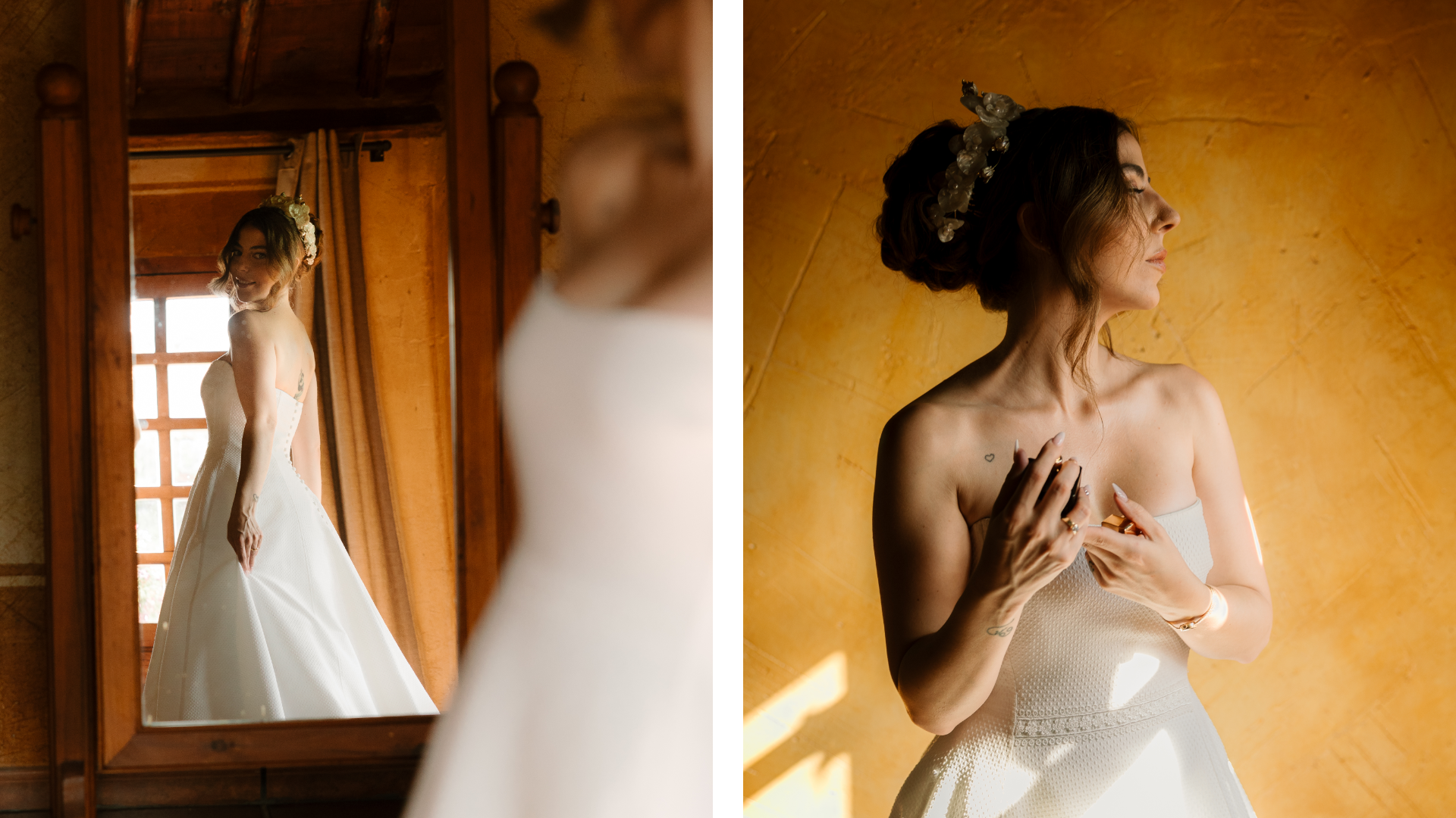 Fotografía de la novia Sandra ajustándose el vestido antes de su boda en un entorno industrial, capturada por fotógrafo de bodas en Valladolid