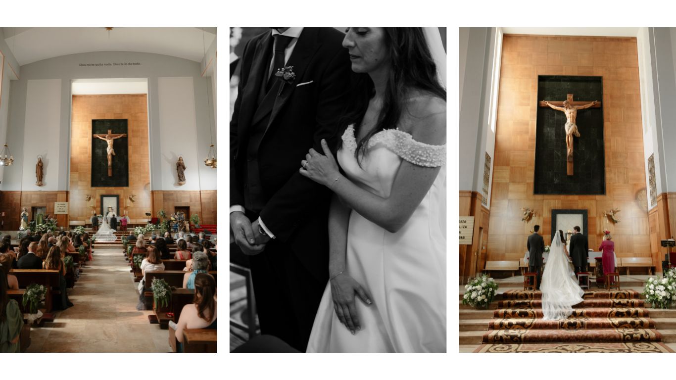 Momento emotivo durante la ceremonia religiosa de la boda de Patri y Alberto en la Parroquia de Santa María Micaela y San Enrique, Madrid.