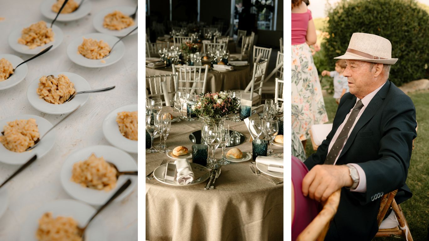 Detalles del cóctel y banquete en la finca El Mirador del Olivar, Madrid, capturados con un estilo natural y elegante