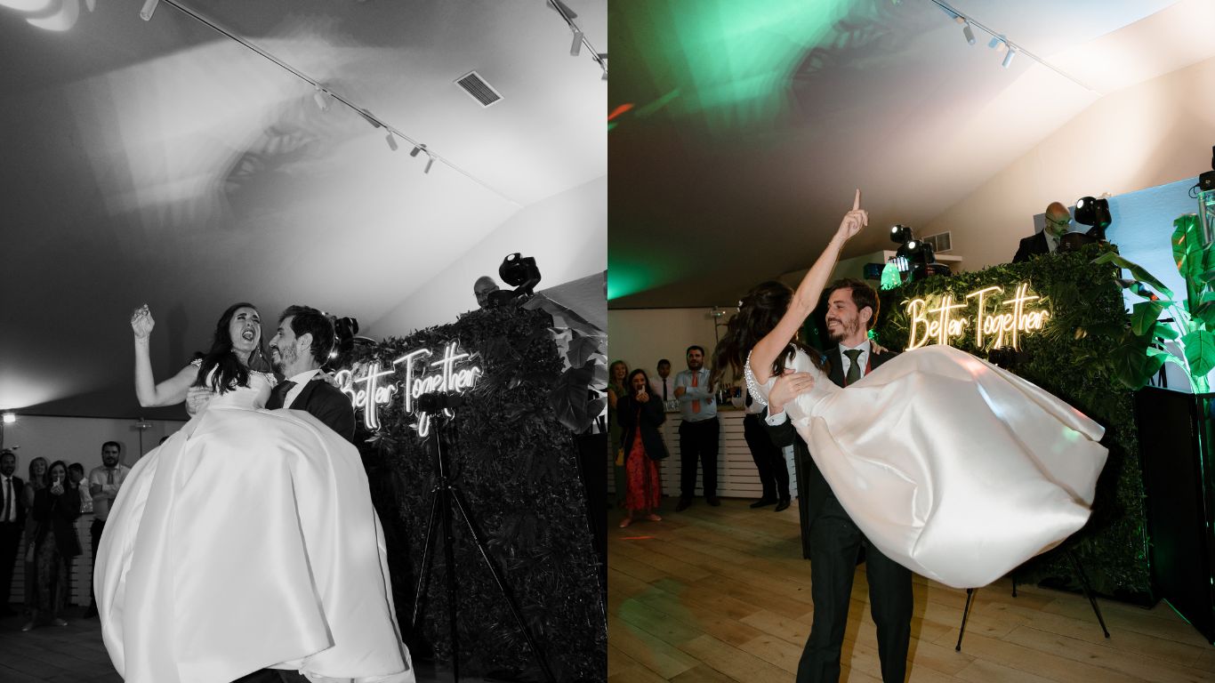 El baile y la celebración de la boda de Patri y Alberto en El Mirador del Olivar, Madrid, capturados con un estilo editorial y natural.