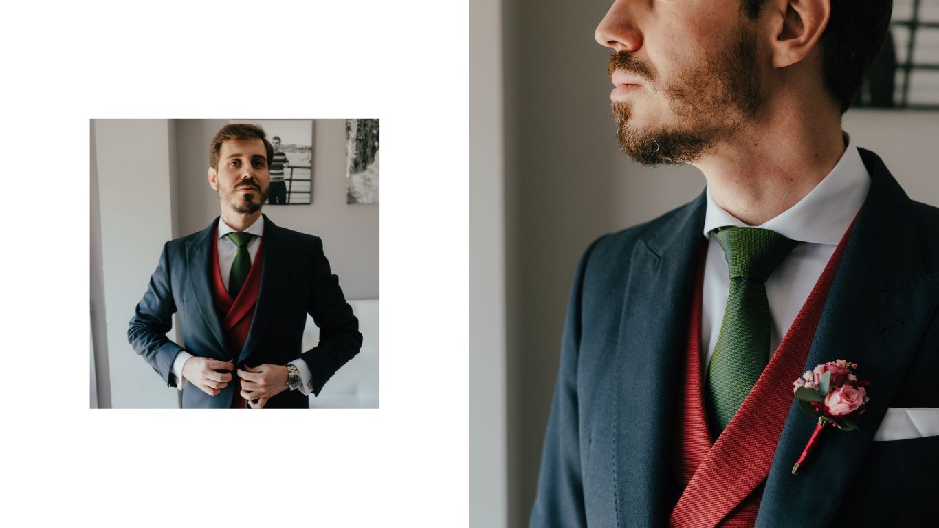 Preparativos del novio Alberto en su boda en Madrid, con elegancia y detalles naturales