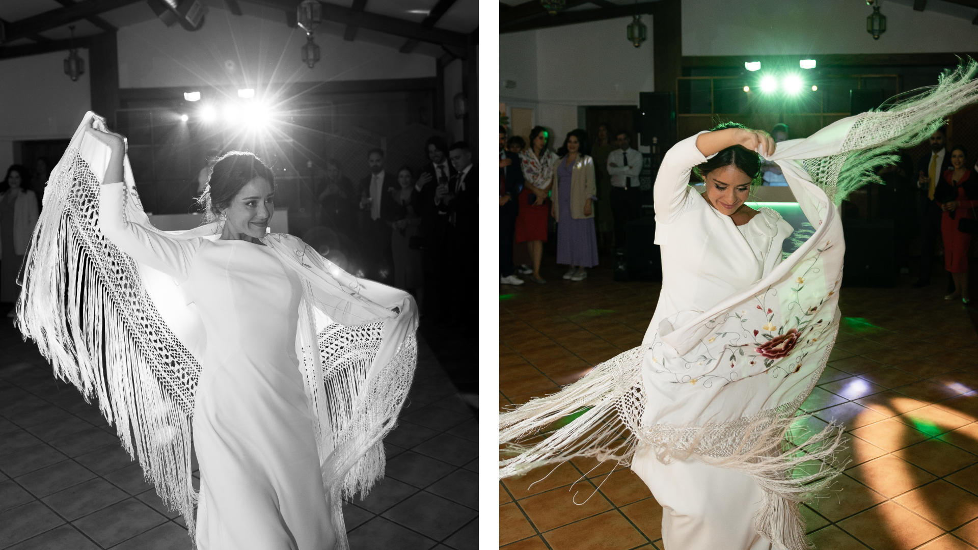 Invitados disfrutando de la fiesta de boda en Alcalá de Henares, capturados en un momento de risa y baile