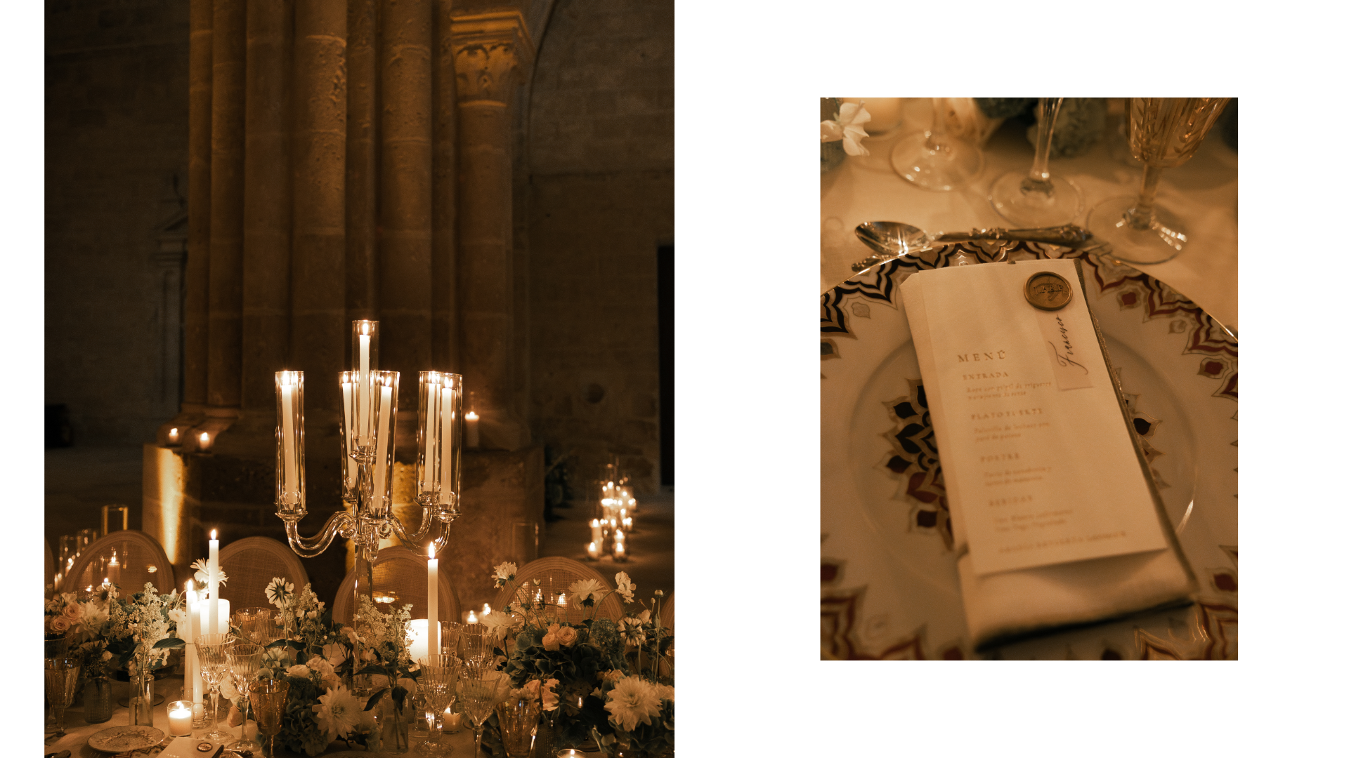 Vista de la mesa imperial decorada con velas en la iglesia de Abadía Retuerta durante el banquete