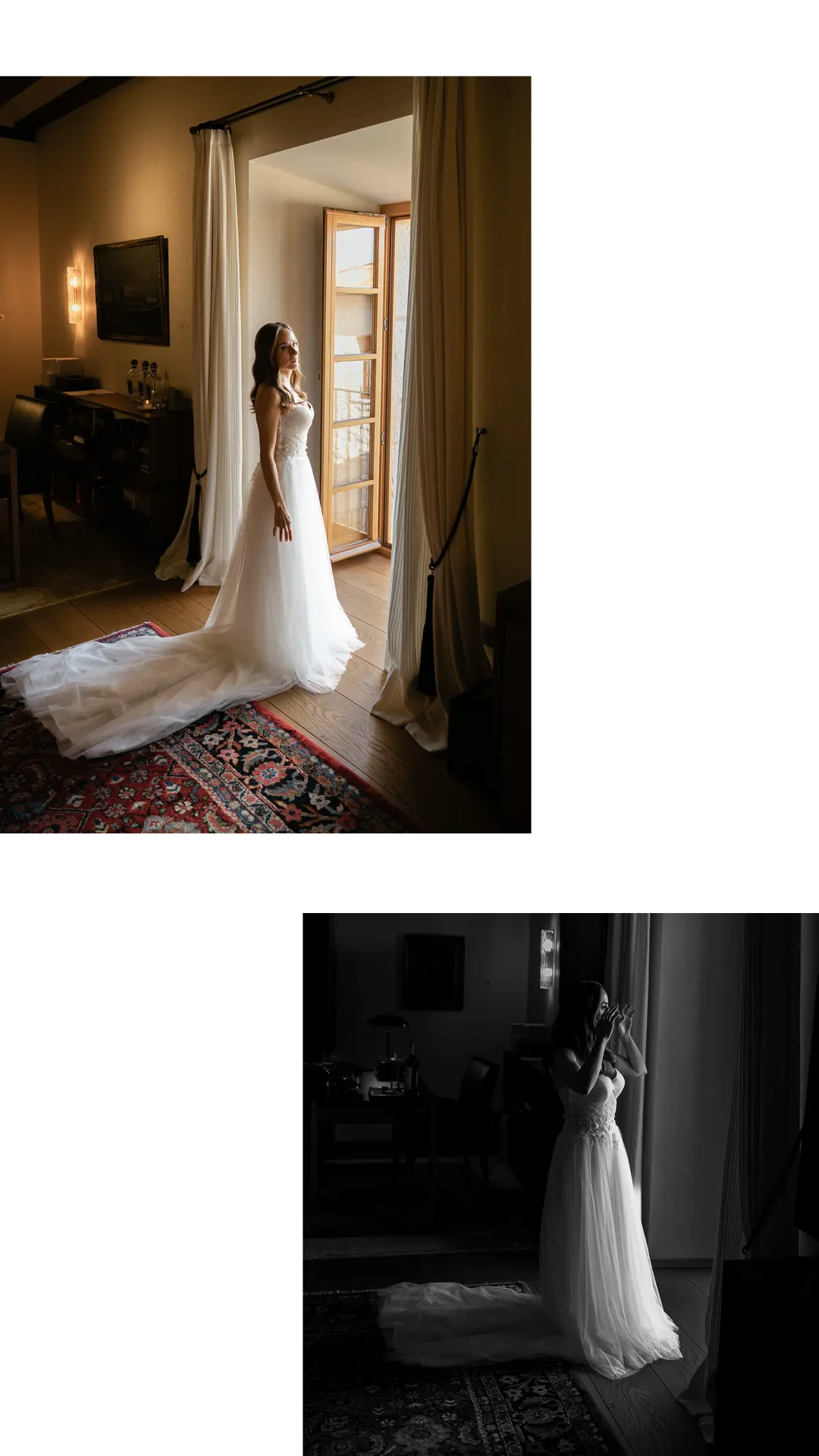 Novia caminando por pasillo barroco de AbadÃ­a Retuerta en boda editorial